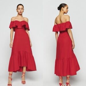 Reformation Baela Linen Dress in Cherry